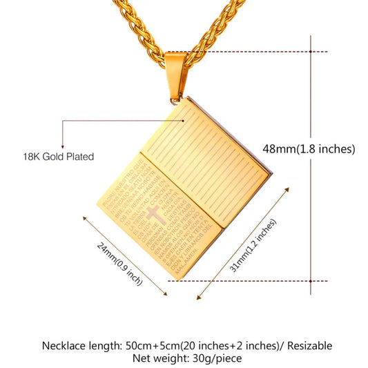 Jesus Blue Holy Bible Pendant Necklace in Stainless Steel